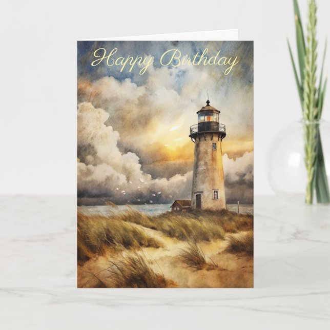 Farol num Cartão de Aniversário de Praia (Frente)