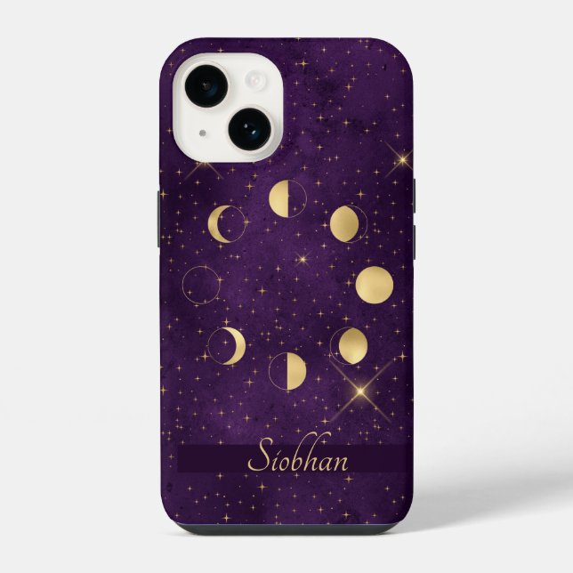 Fases da Lua Dourada Estrelas Roxas Personalizadas (Verso)