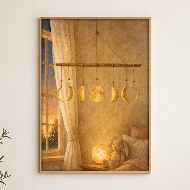 Fases da Lua Móvel Aquarela Poster Celestial (Shown framed for scale. Poster ships unframed; frames are an optional add-on.)