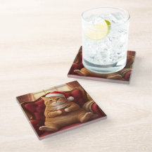 Fat Santa Cat with Hot Chocolate Glass Coaster