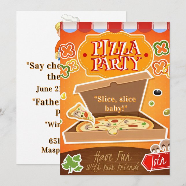 Fatia, Fatia Bebê! Convite de Festa de Pizza  ("Hot pizza, family time" wine and beer!)