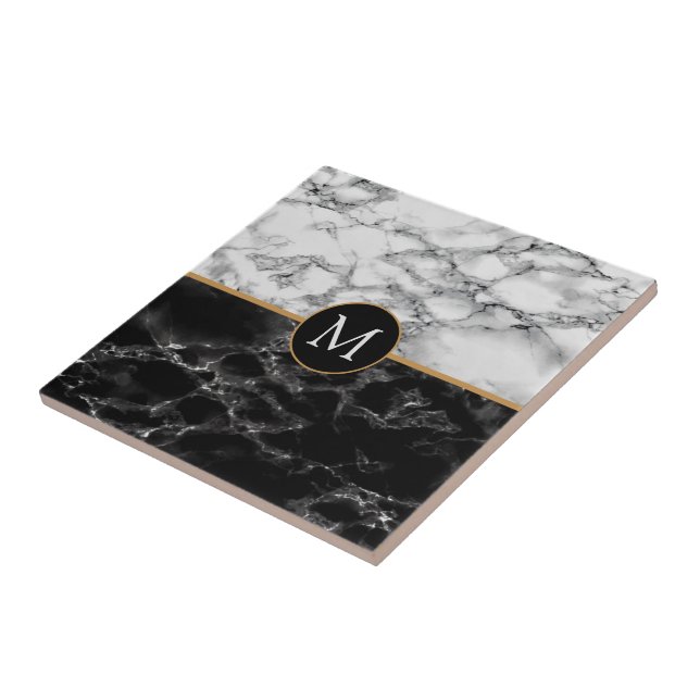 Faux Black White Marble Monograma - Letra Azulejo (Lateral)