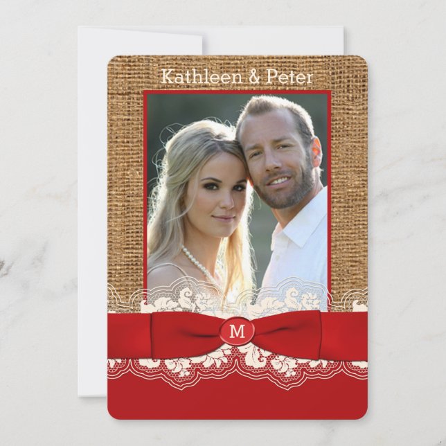 FAUX Burlap, Lace, Arco PHOTO Convite de casamento (Frente)