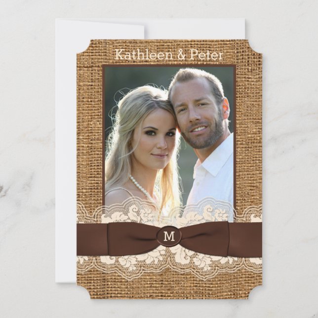 FAUX Burlap, Lace, Arco PHOTO Convite de casamento (Frente)