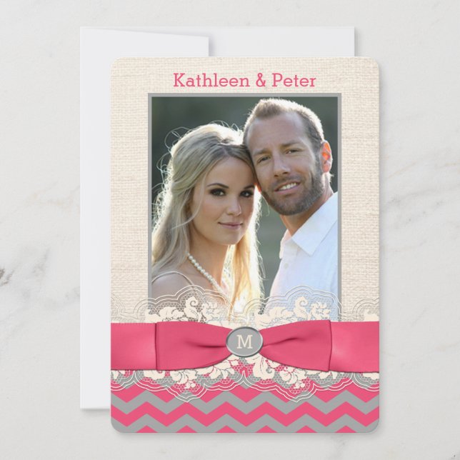 FAUX Burlap, Lace PHOTO Convite de casamento, Chev (Frente)