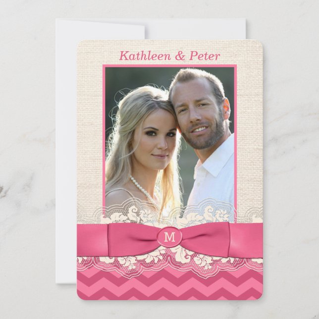 FAUX Burlap, Lace PHOTO Convite de casamento, Chev (Frente)