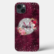Faux Chic Silver Glitter Burgundy Monograma floral