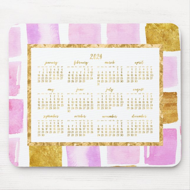 Faux Dourado ANO 2024 Calendar Mouse pads Rosa (Frente)