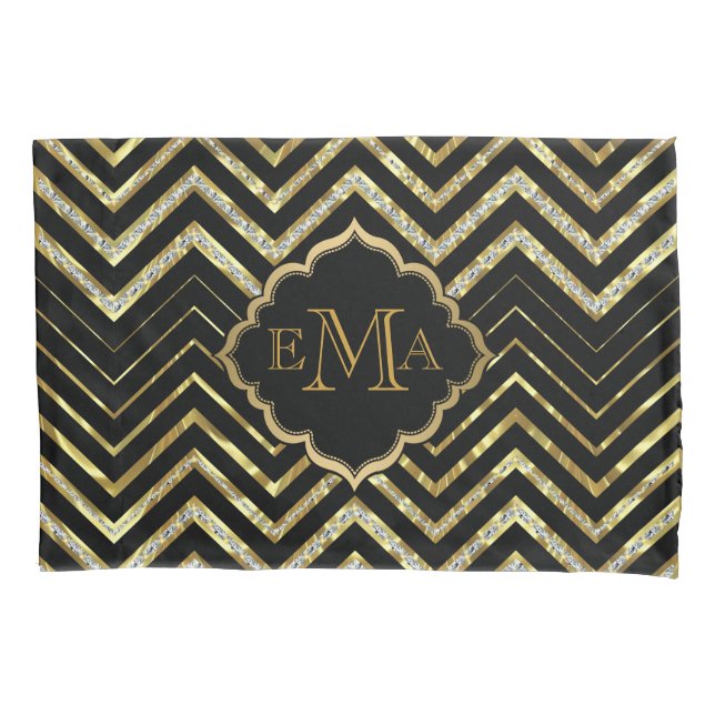 Faux Dourado e Glitter Chevron Personalizado Preto (Frente)