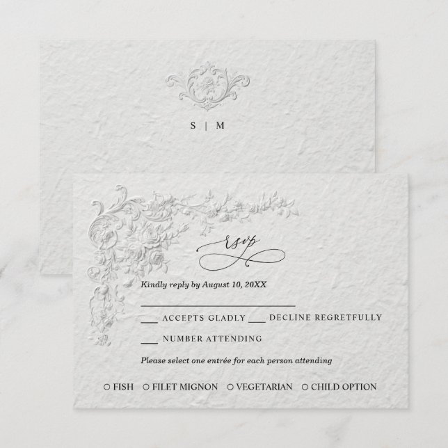 Faux Embossed Floral Wedding RSVP Card (Frente/Verso)