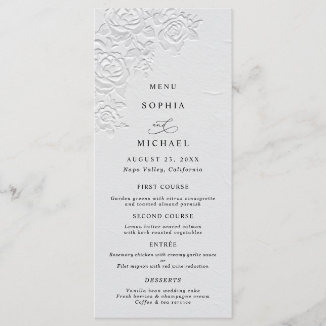 Faux Embossed White Roses Wedding Flat Menu (Frente)