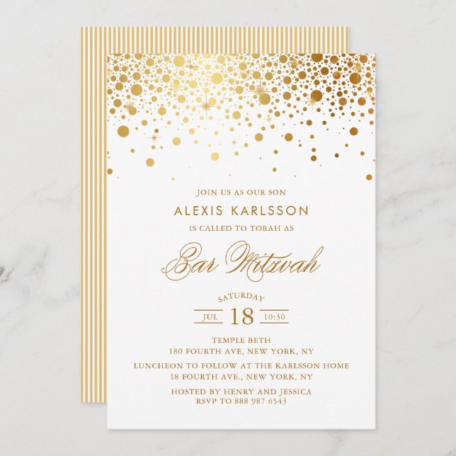 Faux Gold Foil Confetti Bar Mitzvah Convite (Frente/Verso)