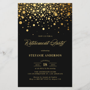 Faux Gold Foil Confetti Black Retirement Invite