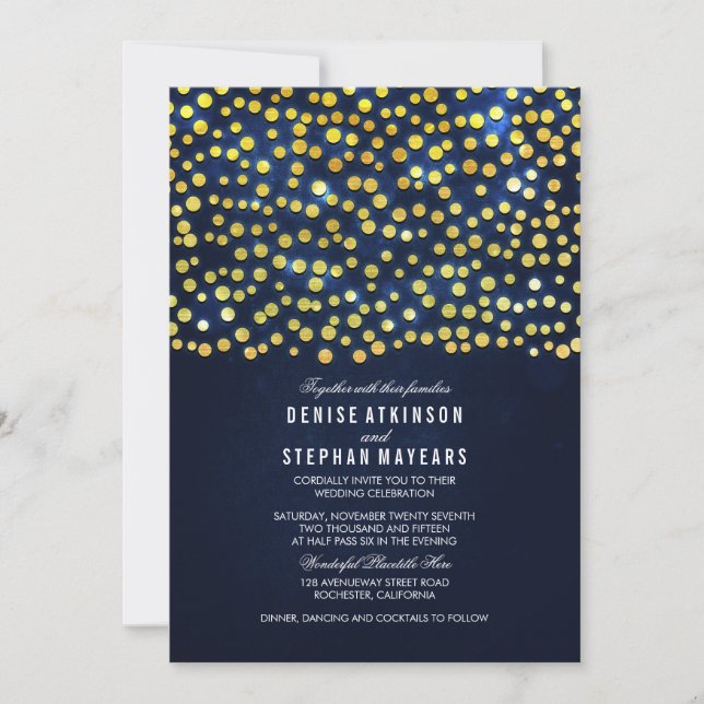 Faux Gold Foil Confetti Blue Wedsing Convite (Frente)