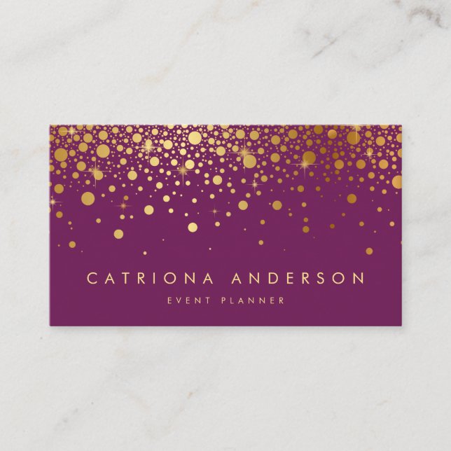 Faux Gold Foil Confetti Cartão de visita | Roxo II (Frente)