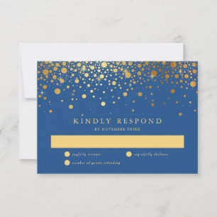 Faux Gold Foil Confetti Pontos Blue RSVP Card