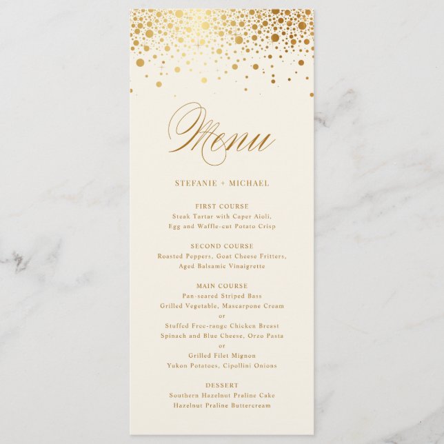 Faux Gold Foil Confetti Pontos | Menu Ivory Vintag (Frente)