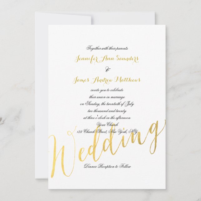 Faux Gold Foil Glamor | Convite De Casamento (Frente)