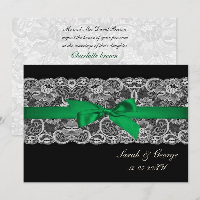 Faux lace ribbon emerald green convites de casamen (Frente/Verso)