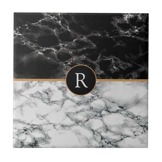 Faux Monograma Trendy Black Marble (Frente)