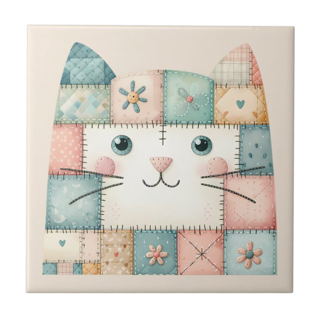 Faux Patchwork Pastel Cottage Kitty Face (Frente)