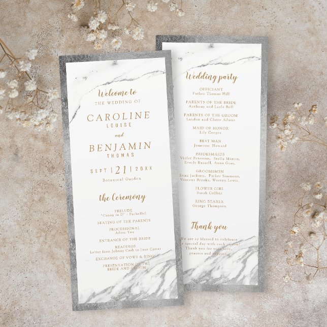 Faux prata marble luxury programa de casamento mod (Faux silver marble luxury modern wedding program)