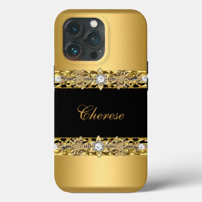 Faux Preto Floral do iPhone Dourado (Verso)
