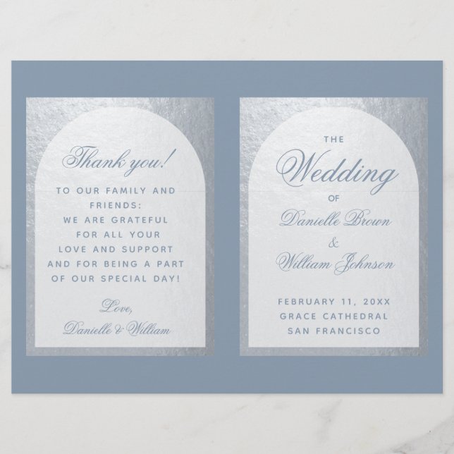 Faux Silver Arch Dusty Blue Foled Wedds Program (Frente)