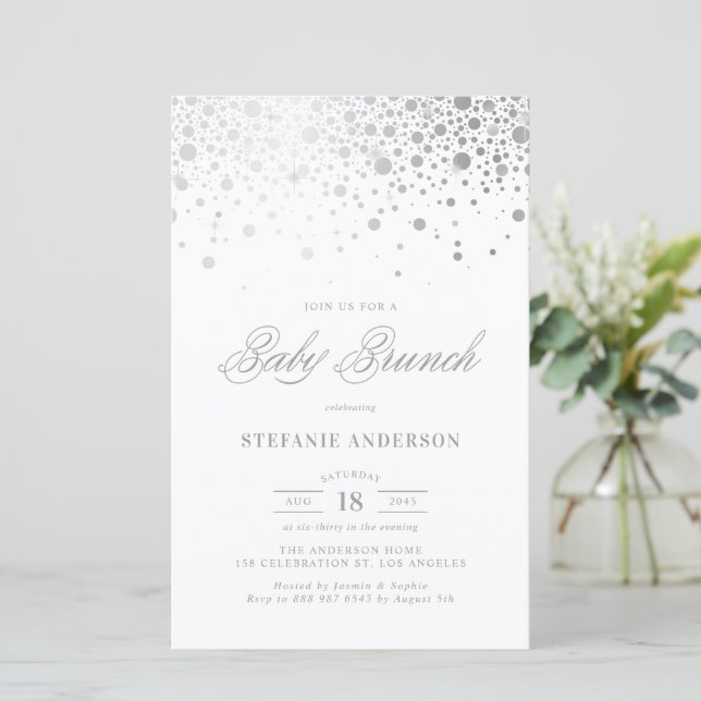 Faux Silver Foil Confetti Baby Brunch Convite (Em pé/Frente)