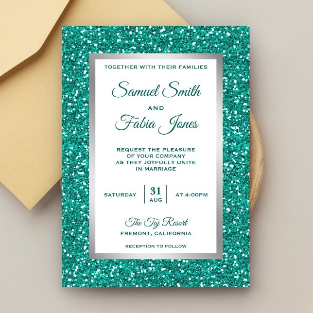 Faux Silver Foil Teal Glitter Convite De Casamento (Criador carregado)