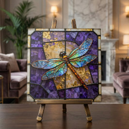 Faux Stained Glass Dragonfly Purple Gold Mosaic
