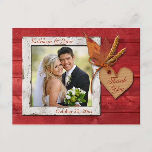 FAUX Wood, Folhas, Coração Obrigado Cartão de Post (Frente)