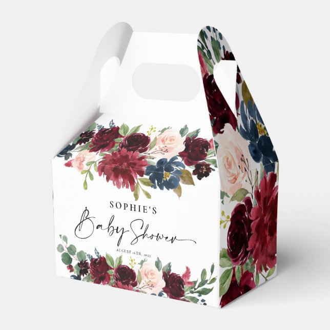 Favor Caixas Borgonha Blush Chá de fraldas Floral (Frente)