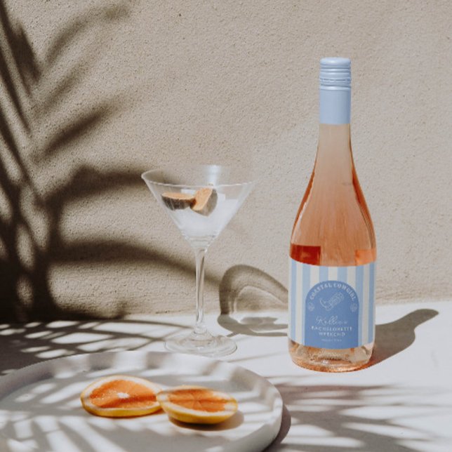 Favor de festa de despedida de solteira de cowgirl (Classy blue & white coastal cowgirl theme wine bottle labels for bachelorette party or bridal shower)