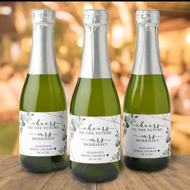 Favor do Chá de panela Dourado Eucalyptus Cheers (Gold Eucalyptus Cheers Bridal Shower Favor Sparkling Wine Label)