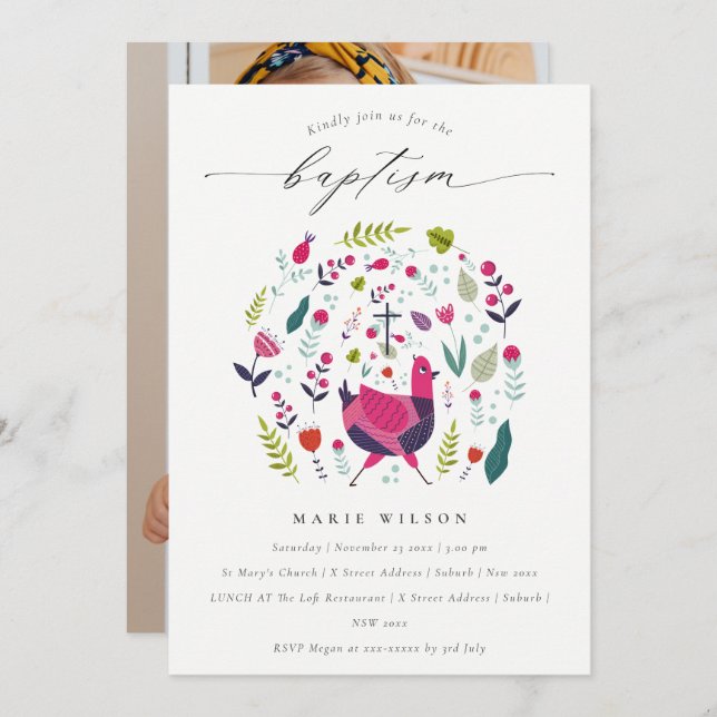 Fazenda Chic Floral Birdie Foto Baptism Convite (Frente/Verso)