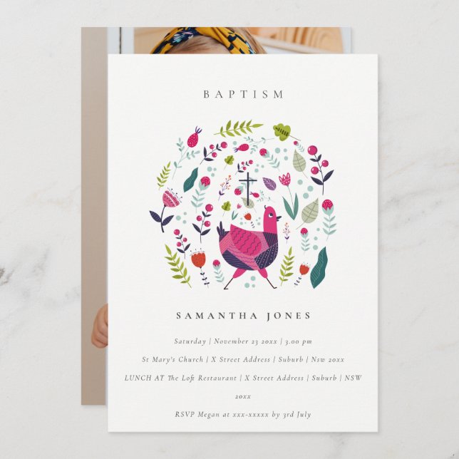 Fazenda Chic Floral Birdie Foto Baptism Convite (Frente/Verso)