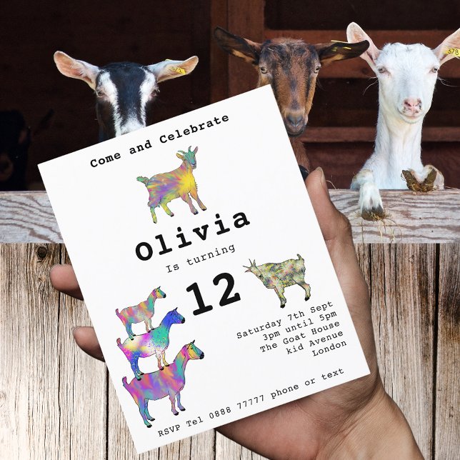 Fazenda Colorida Capra 12 Orçamento Festa de anive (Cute goats colorful farm animal a watercolor art 12th birthday party invitation & modern Typography)