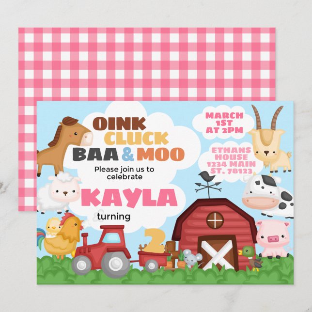 Fazenda Convite de aniversário rosa (Frente/Verso)