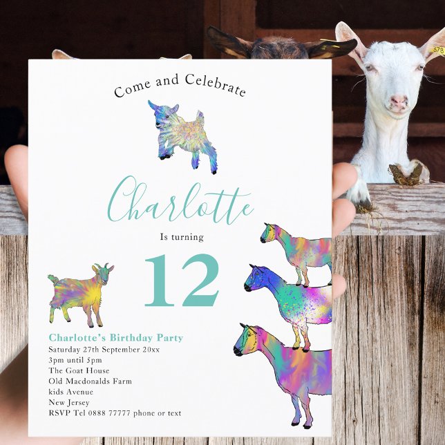 Fazenda de Caprinos Coloridos Festa de aniversário (Cute goats colorful farm animal art 12th birthday party budget invitation  )