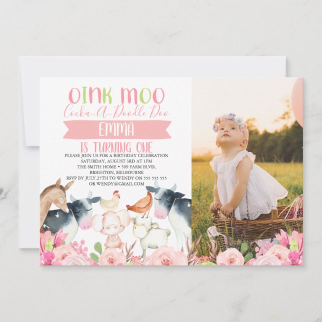 Fazenda Floral Rosa Foto Convite de Aniversário (Frente)