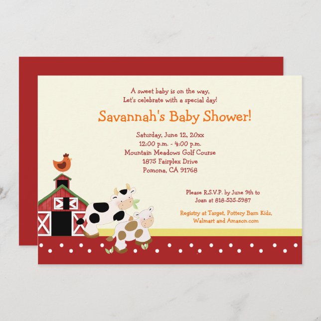 Fazenda Moo Barnyard Baby Shower Convites 5x7 (Frente/Verso)
