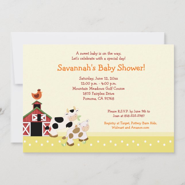 Fazenda Moo Barnyard Baby Shower Convites 5x7 (Frente)
