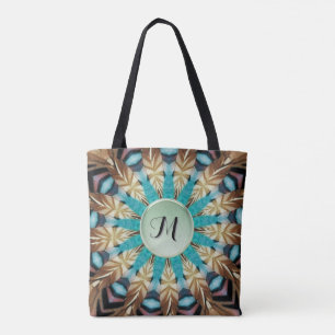 Feather Teal, Brown, Blue e Green Mandala Bolsa