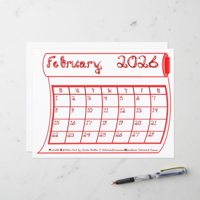 February 2026 Calendar Red Bolt Fabric Font Paper (Frente/Verso In Situ)