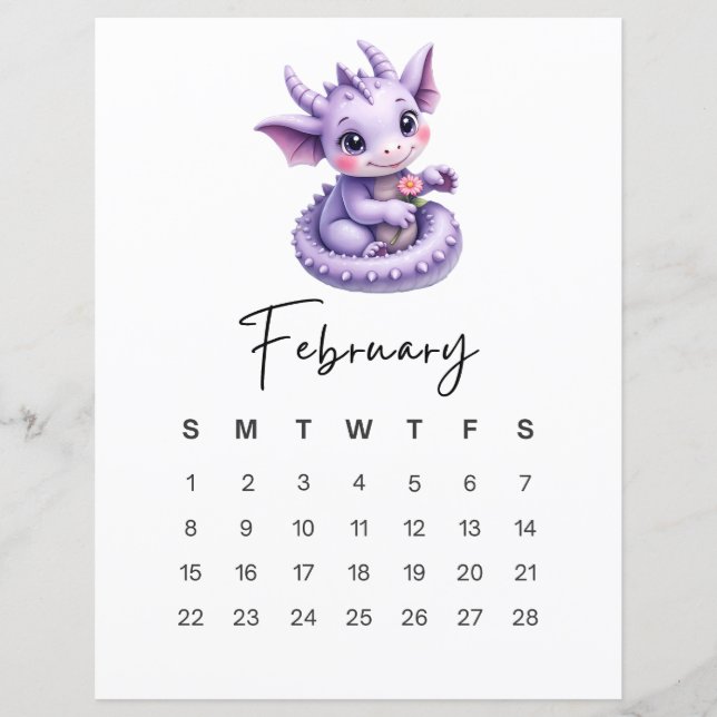 February Baby Dragon Cute Fantasy Monthly Calendar (Frente)
