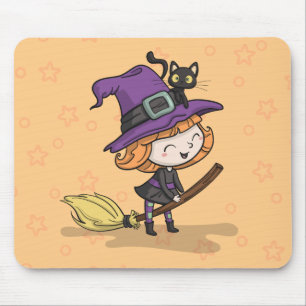 Feiticeira e Gato do Halloween   Mousepad
