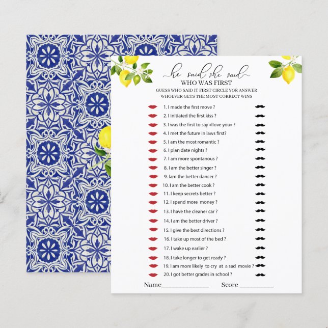 Feixe de limão e mosaico azul Ele disse que ela di (Frente/Verso)