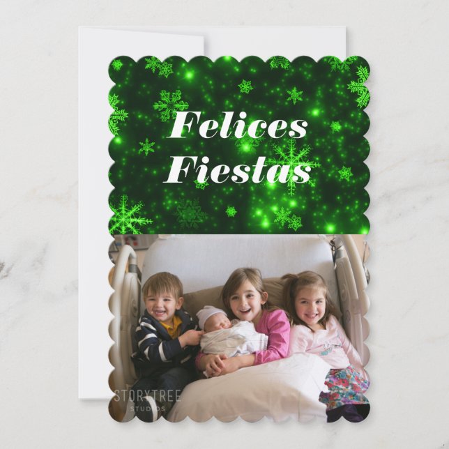 Felices Fiestas Snowflakes com Cartão Verde Plano (Frente)