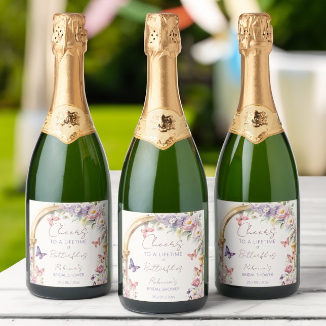 Felicidades do chá de panela das borboletas (Cheers to a Lifetime of Butterflies bridal shower Sparkling Wine Label personalized labels favors)